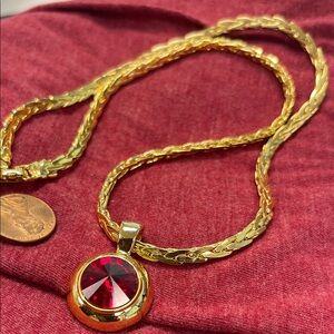 SOLD- Elegant Gold Necklace with Red Gemstone Pendant